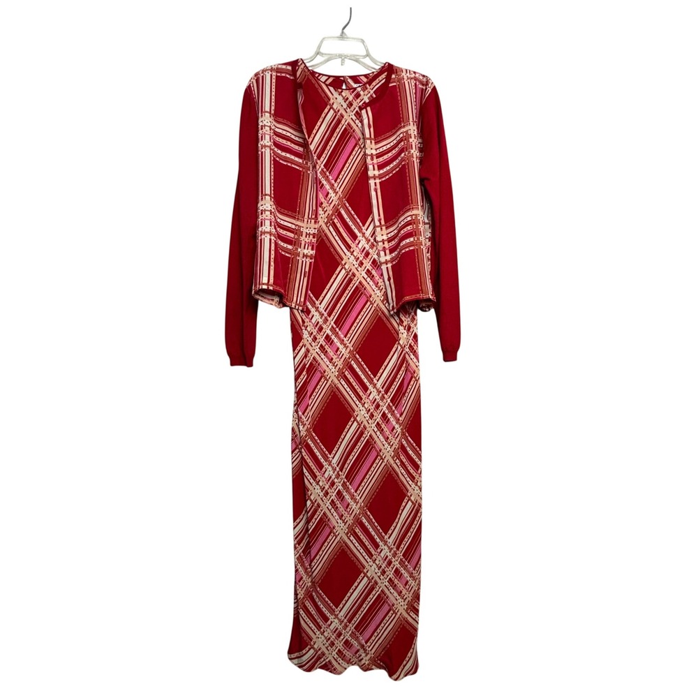 y2k Silk Maxi Dress Cardigan Set Womens 10 Red Beaded Plaid Garden Tea Coquette
